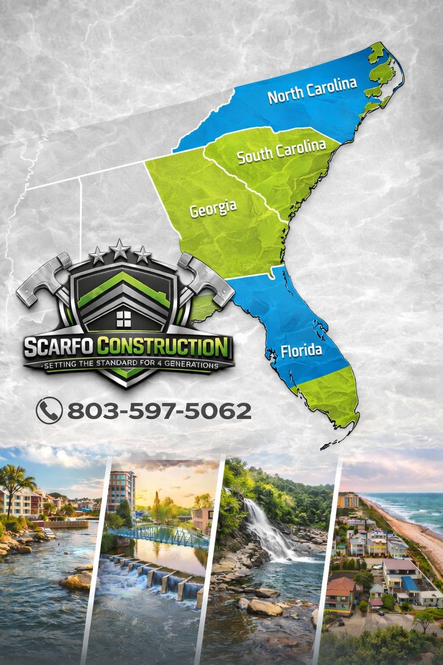 Scarfo Construction service area map covering South Carolina, North Carolina, Georgia and Florida